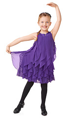 Image showing Ballroom dance, smile and portrait of little girl dancing, kindergarten child in pretty dress on white background. Art, small folk dancer and happiness, student training in dance studio with curtsy.