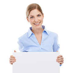 Image showing Business, smile and woman with a board with mockup space for announcement or advertising. Signage, poster and portrait of a female model with blank bulletin with copy space by white studio background