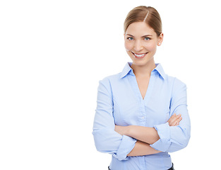 Image showing Leadership, portrait and business woman with arms crossed in studio on white background mock up. Face, boss and smile of happy, confident and proud female from Canada with vision and success mindset