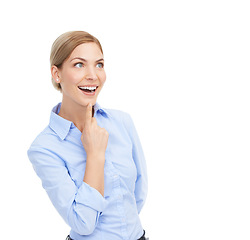 Image showing Wow, surprise and business woman with mockup space isolated on a white background for advertising. Face of a female entrepreneur in studio happy about startup marketing, announcement or discount deal