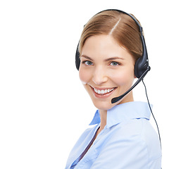 Image showing Face, customer service portrait and woman at call center in studio isolated on white background mock up. Crm, contact us and happy female telemarketing worker, consultant or sales agent from Canada.