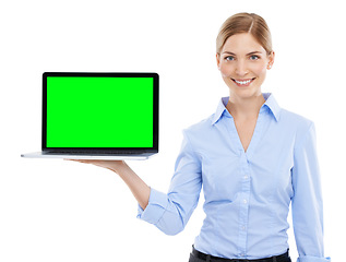 Image showing Portrait, green screen and business woman with laptop in studio isolated on white background. Face, product placement and female employee holding computer with mock up, chroma key or marketing space.