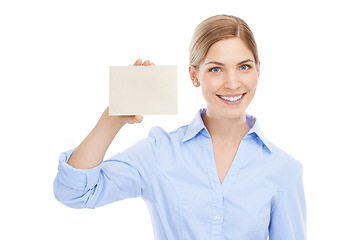 Image showing Business, smile and woman with a card with mockup space for announcement or advertising. Signage, bulletin and portrait of a female model with blank board with copy space by white studio background.