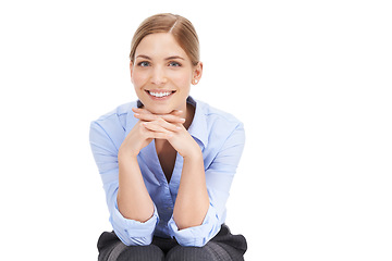 Image showing Businesswoman, portrait and sitting with white background, smile and mockup advertising space. Happy female worker, studio model and employee with mock up, success and motivation as corporate leader