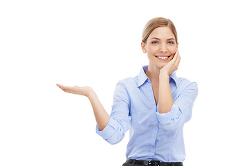 Image showing Business woman, portrait and hand mockup while excited for product placement or advertising space. Happy female entrepreneur with open palm for a promotion, discount offer or branding for startup