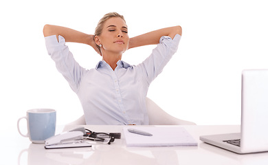 Image showing Corporate, working and relax with a business woman in studio on a white background sitting hands behind head. Laptop, success and coffee with a female employee feeling relaxed at her work desk