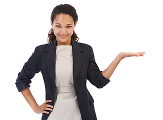 Image showing Corporate, worker and portrait of woman with product placement for marketing with positive smile. Happiness, confidence and elegant black woman with mockup white background for advertising promo.