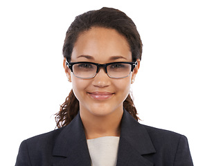 Image showing Portrait, business or black woman with glasses, smile or ceo isolated on white studio background. African American female entrepreneur, consultant or leader with eyewear, confident or company manager