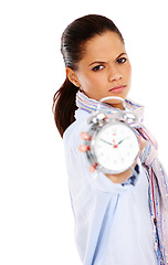 Image showing Black woman, serious face and clock for alarm, time management and frustration in white background. African girl, angry and frustrated for alarm clock stressed or disappointed isolated in studio