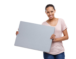 Image showing Black woman, blank sign and portrait of a model holding a marketing and advertisement poster. Isolated, white background and happy person smile with advertising billboard for sale or paper deal