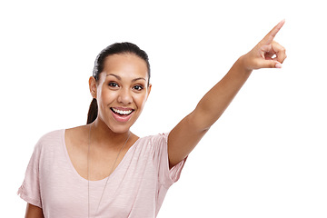 Image showing Black woman, excited portrait and pointing finger in studio for advertising mockup, marketing promo or retail sales suggestion. Happy person, point and vision motivation isolated in white background