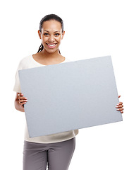 Image showing Studio portrait, marketing poster and woman with smile, mockup and happy by white background. Isolated black woman, mock up billboard and happiness for blank paper board, branding or advertising sign