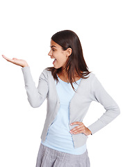 Image showing Fashion, happy and model with product mockup in a studio for placement, marketing or advertising. Happiness, smile and excited woman weighing mock up space with her hand isolated by white background.