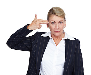 Image showing Suicide, hand gun and portrait of senior woman with mental health problem, business depression crisis and job mistake stress. Burnout, career anxiety and worker depressed on white background studio