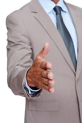 Image showing Handshake, business and man in studio for greeting, welcome or onboarding partnership. Professional, deal and closeup of corporate male model with a shaking hands gesture isolated by white background