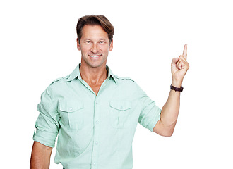 Image showing Mature man, portrait or hand pointing up at marketing space, product placement or advertising white background. Smile, happy person or hand gesture showing promotion, sales deal or isolated discount