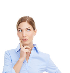 Image showing Business woman, thinking and idea on a white background with space for marketing and advertising. Face of a female entrepreneur in studio brainstorming ideas, choice or decision for startup