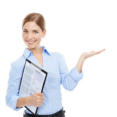 Image showing Business woman, portrait or hand clipboard in contract promotion, recruitment advertising or palm brand marketing. Smile, happy worker or hr manager showing mock up space on isolated white background