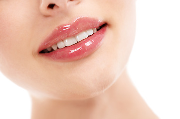 Image showing Woman, face or skincare lips with makeup cosmetics, mouth dermatology and healthcare wellness on white background. Zoom, beauty model and happy smile with facial lip gloss product for hydration glow