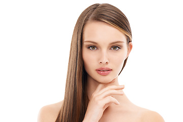 Image showing Beauty model, skincare and portrait with brunette hairstyle, makeup cosmetics or keratin treatment for isolated self care. Woman, face and brown color in hair care growth or glow on white background