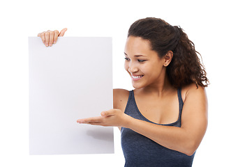 Image showing Mockup, marketing and black woman with placard, advertising message and female isolated on white studio background. Jamaican girl, lady and black poster for brand development and product placement