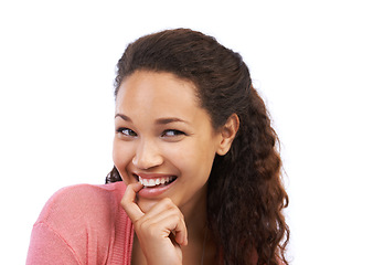 Image showing Thinking, idea and black woman biting finger with happy, aha and cheerful smile for brainstorming. Happiness of young woman with ideas, confidence and optimistic mindset in white studio background.