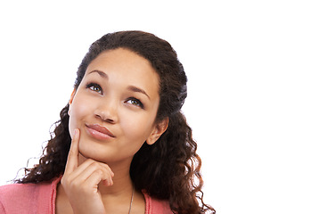 Image showing Thinking, choice and face of a black woman with an idea on an isolated white background in a studio. Wondering, decision and emoji of an African girl looking thoughtful on a studio background