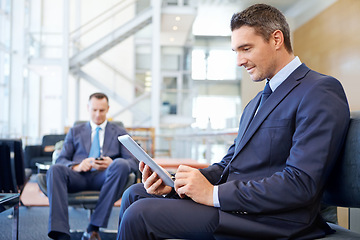 Image showing Relax, tablet and networking with businessman in lounge of corporate company for search, internet and contact. Communication, planning and idea with men in lobby for technology, goal and email