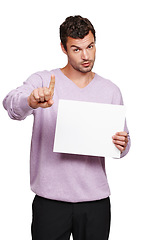 Image showing Man portrait, hold hand sign and blank sign of a model show marketing and advertising poster. White background, isolated and sales board poster for branding message on a mockup billboard on paper