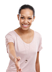 Image showing Handshake, happy and portrait of a woman in a studio for greeting, welcome or agreement. Friendly, happiness and female model with a shaking hands gesture for a deal isolated by a white background.