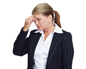 Image showing Mental health, stress or business woman with headache problem, work burnout anxiety and depressed over job mistake. Career fail, studio depression crisis or sad corporate employee on white background