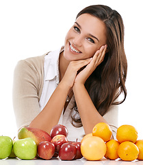 Image showing Woman, smile portrait and fruit breakfast for nutrition, healthy diet and vitamins motivation in studio. Person, happy face and food nutritionist, natural fibre and organic food for body healthcare