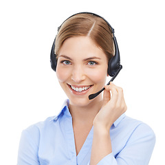 Image showing Customer service, face and portrait of woman at call center in studio isolated on white background. Crm, contact and smile of happy female telemarketing worker, consultant or sales agent from Canada.