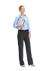 Image showing Portrait, documents and review with a business woman in studio on a white background holding a contract or survey. Clipboard, research and agenda with a female employee holding paperwork for kpi
