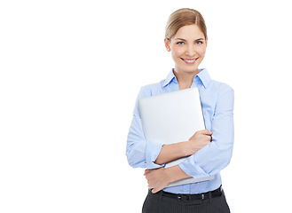 Image showing Business woman with laptop in professional portrait, technology and internet network on white background. Company communication, email and work, employee and happy corporate female with tech mockup