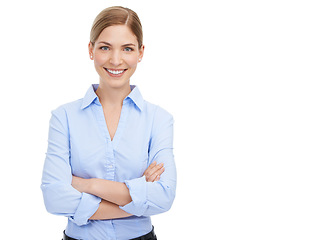Image showing Leadership, arms crossed and portrait of business woman in studio on white background mock up. Face, boss and smile of happy, confident and proud female from Canada with vision and success mindset.