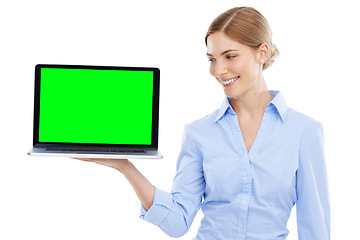 Image showing Laptop, green screen and business woman in white background, isolated studio and mockup advertising space. Worker, female model and mock up computer, website technology and digital marketing platform