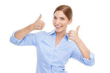 Image showing Thumbs up, hands and portrait of a business woman for winning, success and thank you for support or approval. Happy female with like emoji for deal, sale or discount isolated on white background