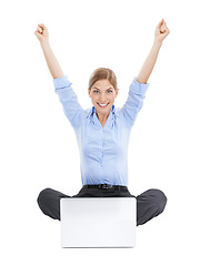 Image showing Winner, celebration and business woman with laptop in studio isolated on white background. Success, computer or portrait of female celebrating goals, target achievement or victory, lottery or winning