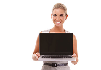 Image showing Laptop mockup, portrait and businesswoman with white background isolated in studio for advertising space. Happy worker, female model and computer technology, website and digital marketing platform