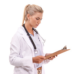 Image showing Worried healthcare doctor with clipboard on a white background reading lab results for hospital data. Confused medical worker or woman paperwork, documents or report for health exam on studio mockup