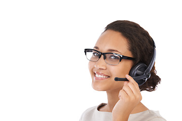 Image showing Black woman, studio headshot and call center headphones with smile, communication and white background. Isolated crm consultant, contact us and woman for customer support, microphone and success