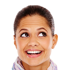 Image showing Looking, black woman and thinking with focus, ideas and lady isolated on white studio background. African American female, smile and mindset with fantasy, decisions and concentration on backdrop