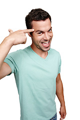 Image showing Portrait, man and pointing to head for idea, thinking and guy isolated on white studio background. Young male, gentleman or gesture for mindset, focus or brain power for thought, planning or decision