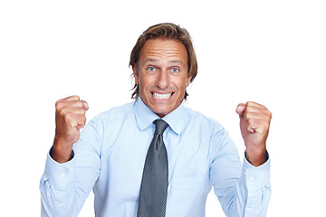 Image showing Frustration, fist and portrait of a businessman in studio with an angry facial expression for bad news. Upset, stress and frustrated corporate male model with a problem isolated by white background.