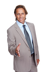 Image showing Businessman, portrait or handshake gesture on isolated white background in welcome, greeting or financial deal. Smile, happy or mature CEO in shaking hands gesture in finance partnership or thank you