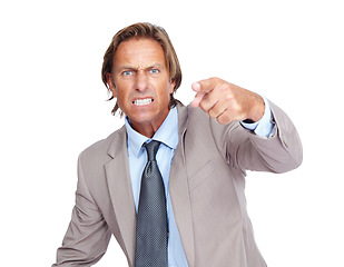 Image showing Hand point, angry and corporate man portrait of a business manager feeling frustrated. Isolated, white background and anger of a upset ceo person from work in a suit with job problems and conflict