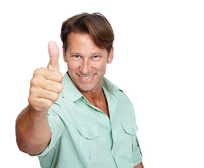 Image showing Mature businessman, portrait or thumbs up hands on isolated white background for success, growth or motivation. Face, smile or happy worker with thumb, yes hand gesture or winner good luck on mockup