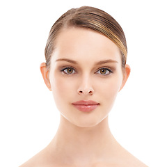 Image showing Face portrait, beauty and skincare of woman in studio isolated on white background. Makeup, natural cosmetics and young female model with glowing, healthy or flawless skin after spa facial treatment.