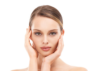 Image showing Skincare, facial and portrait of woman in studio on white background for wellness, dermatology and healthy skin. Spa, aesthetic and girl with hands on face with cosmetics, makeup and beauty products